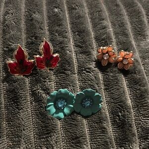 Floral and Leaf Earring Set - Pink, Red, Teal